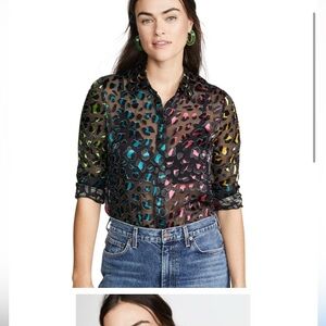 Alice & Olivia Willa Top Abstract Leopard Shirt Black Multi Sheer Sz S